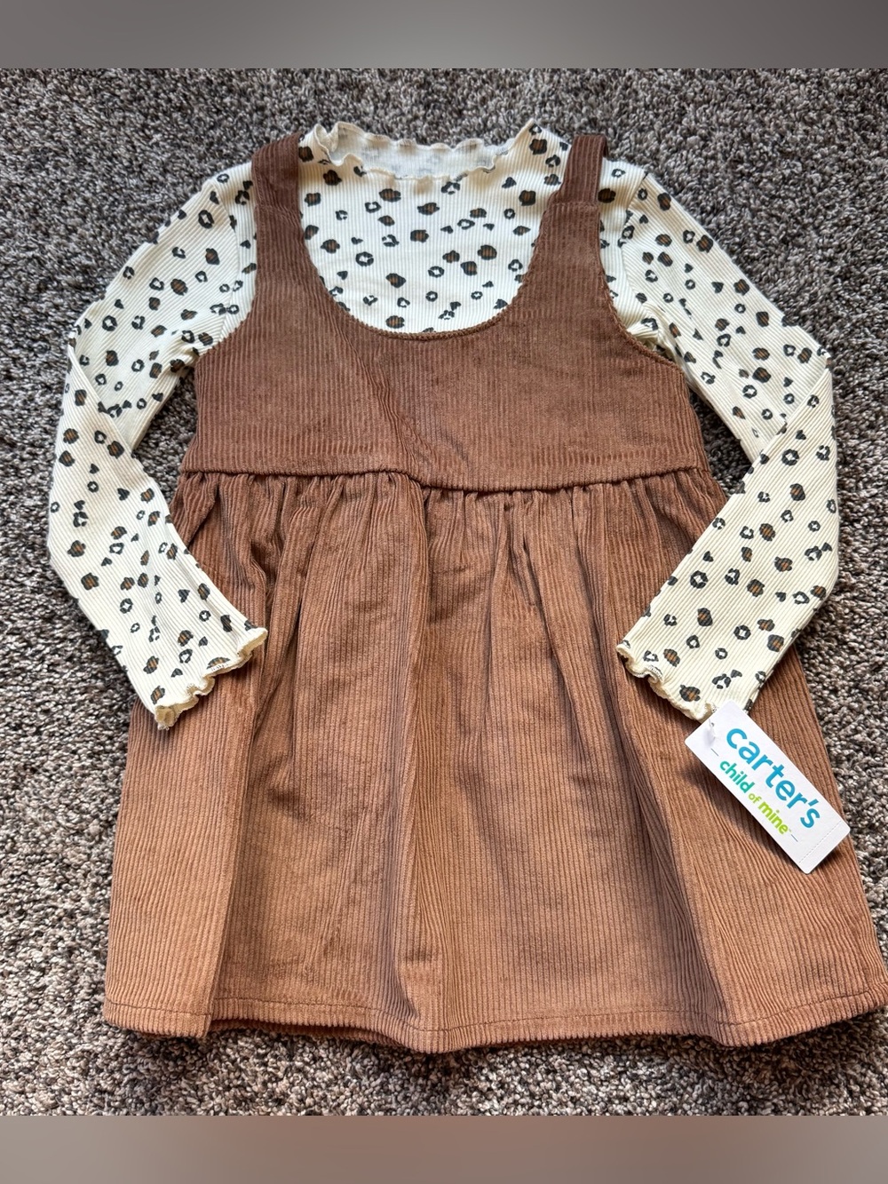 NEW Carter's Brown Corduroy Pinafore Dress with Cream Leopard Top